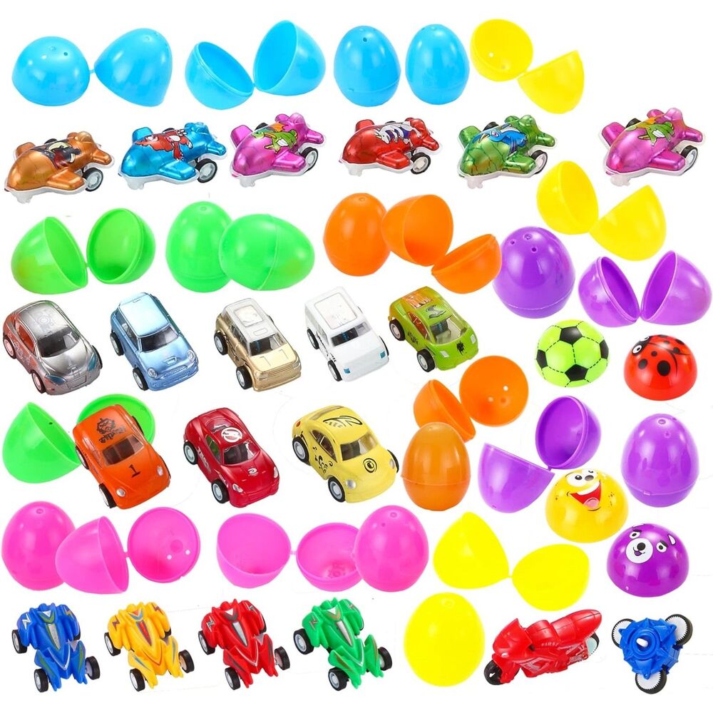 24 Pcs 2.25" Prefilled  Eggs Various Pull Back Vehicles & Friction Vehicles